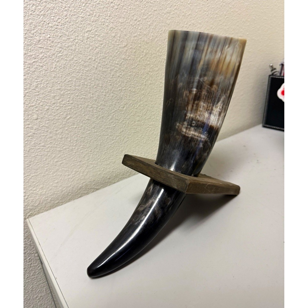 Natural Ox Horn Drinking Vessel w Wooden Stand Viking Norse Mead Ale Cup Decor